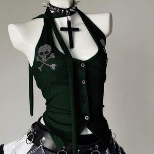 Original Green Skeleton Rhinestone Halter Neck Cami Top Women